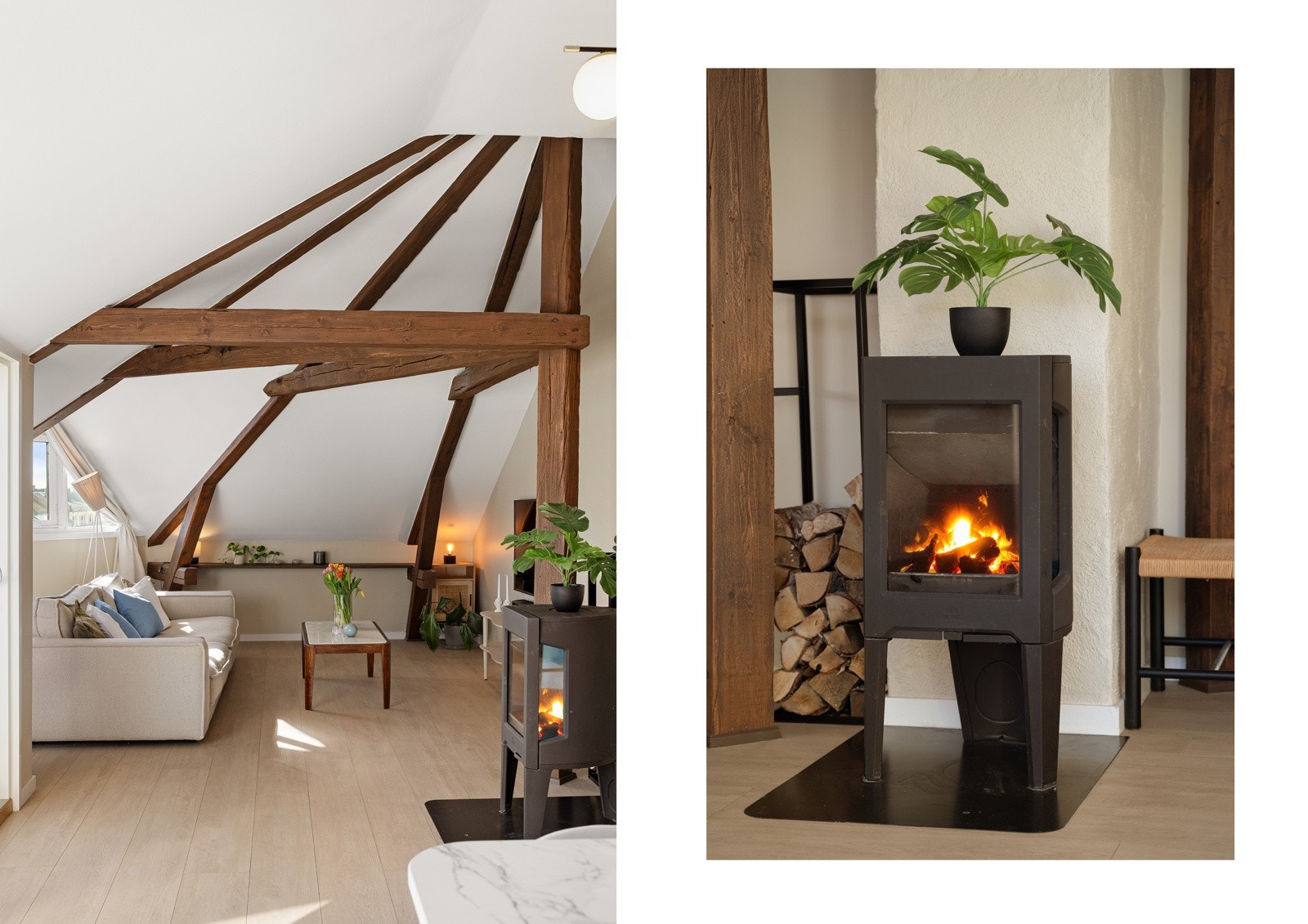 Leilighet med mye sjarm - peis og synlige bjelker i stuen Galleribilde