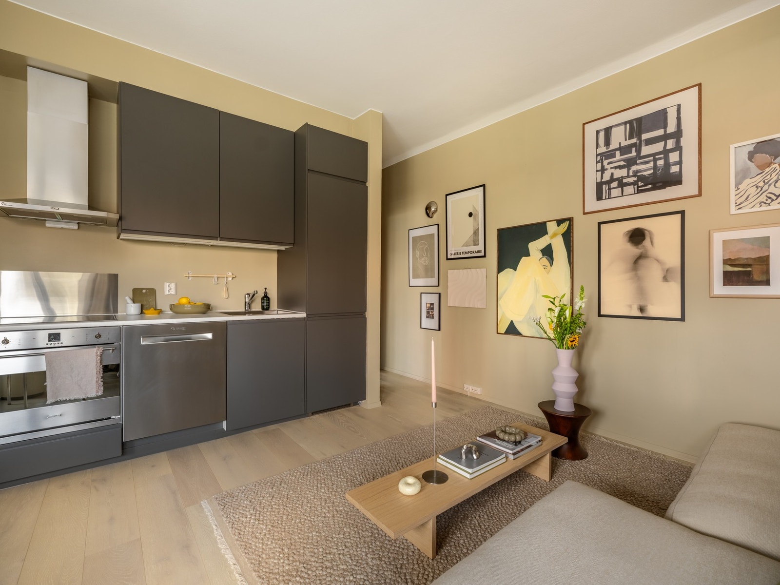 Det er godt med benkeplass og medfølgende hvitevarer som stekeovn, koketopp, ventilator, oppvaskmaskin og kjøle- og fryseskap. Galleribilde