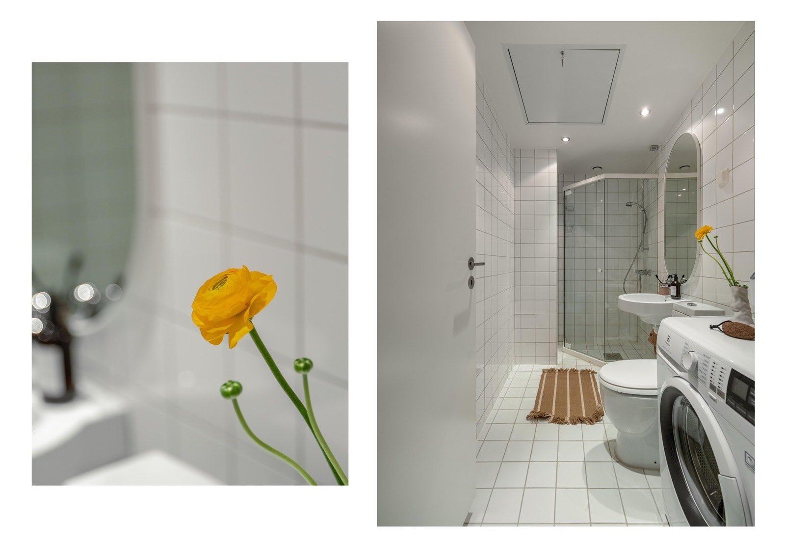 Det er lune varmekabler i gulvet og downlights i tak for god belysning. Plass og opplegg til vaskemaskin som medfølger. Galleribilde