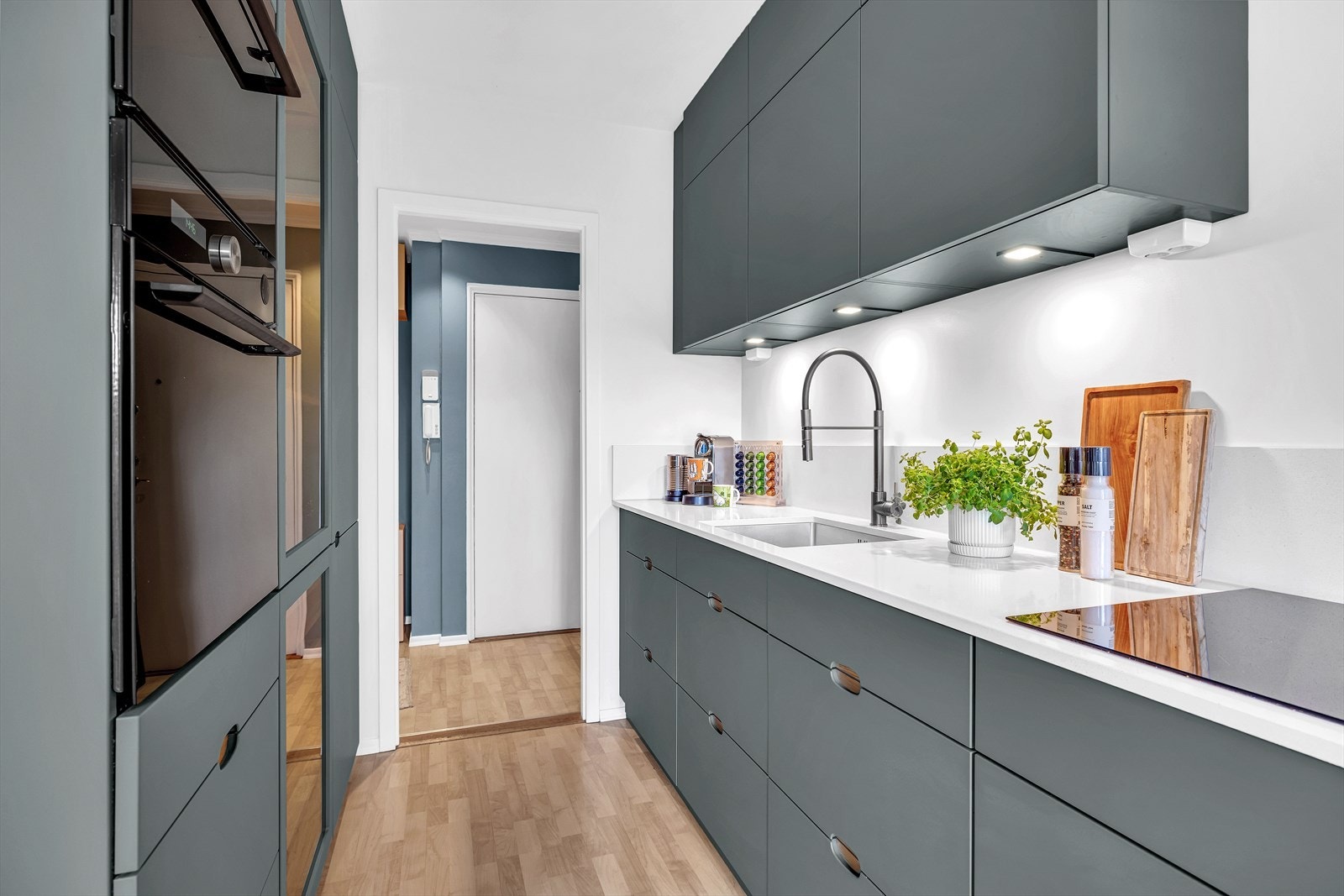 Integrert komfyr, induksjon platetopp, oppvaskmaskin, kombiovn og kjøl/frys. Galleribilde