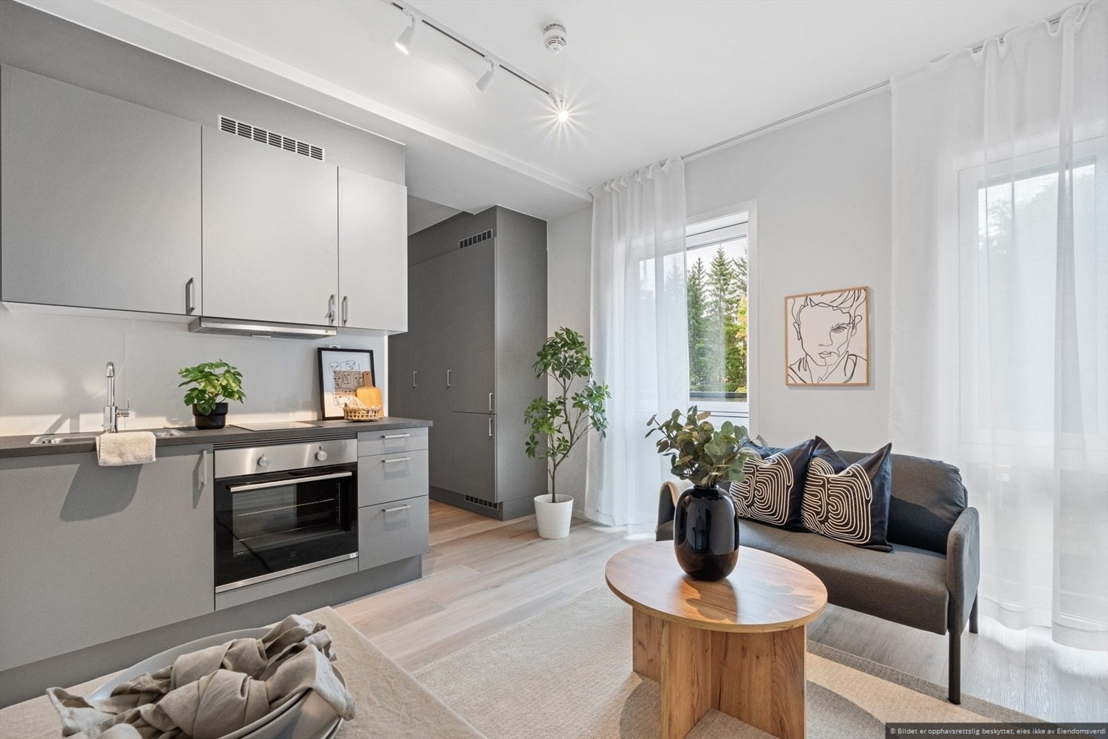 Vi tar turen inn i hybeldelen. Tiltalende stue med plass til seng/sofa, stuebord og diverse annet møblement. Galleribilde