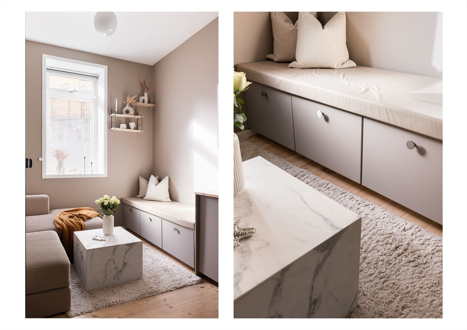 Leiligheten byr på praktiske løsninger som plassbygd benk med lagringsplass og hems. Galleribilde
