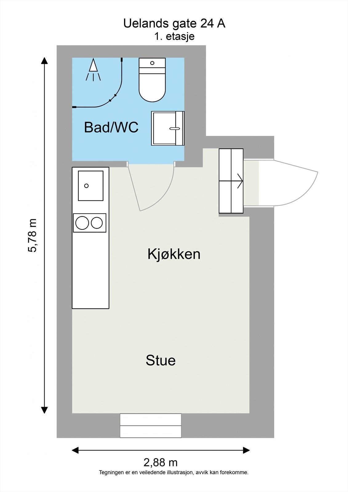 Leiligheten ligger i 2.etasje og har en praktisk løsning som inneholder en romslig stue og kjøkken i åpen løsning, baderom og hems med soveplass over badet. For øvrig lagring er det bod på 2 m² i felles kjeller. Galleribilde