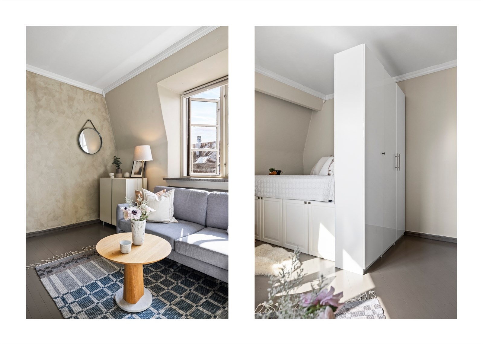 Rommet har sjarmerende malt tregulv og dype vinduskarmer, som gir et klassisk preg på leiligheten Galleribilde