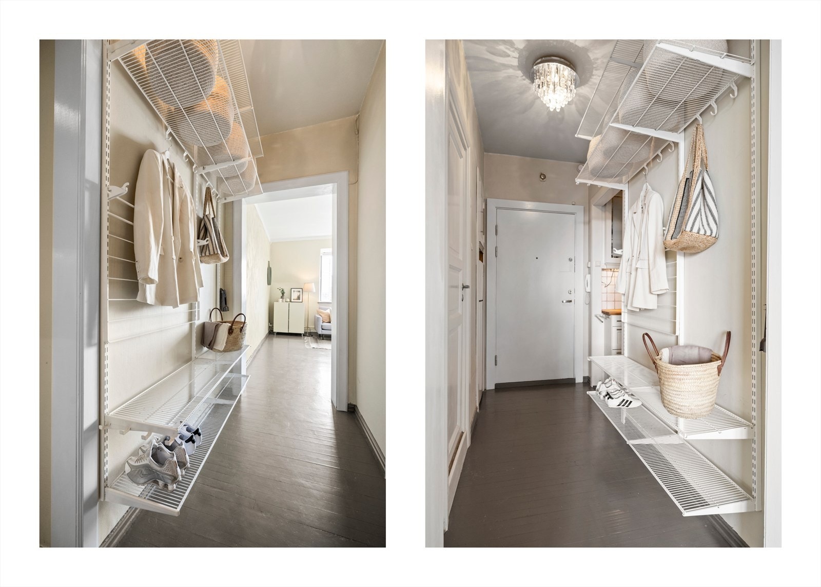 Praktisk og lys entré med smart oppbevarings løsning. Her har du plass til å oppbevare ulike klesartikler. Dørcalling er montert Galleribilde