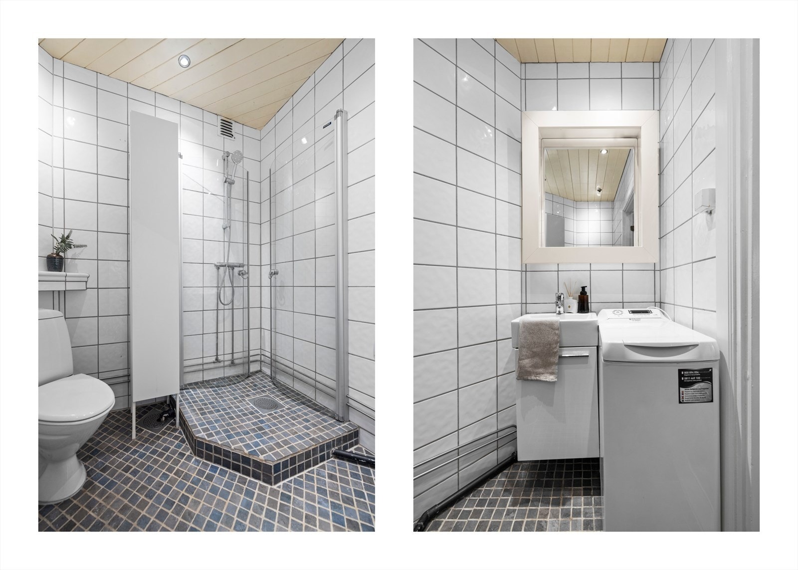 Det er installert klosett og badet har mekanisk avtrekk. Lufttilførsel skjer via luftespalte under døren. En totaloppussing med nytt vanntett sjikt må påregnes innen nær fremtid. Galleribilde