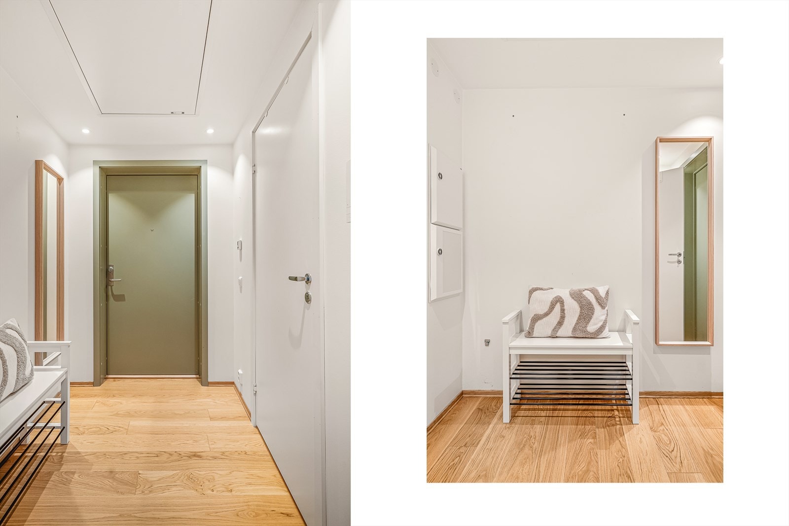 Lys og romslig entré med plass til oppheng for ytterklær og sko. Galleribilde