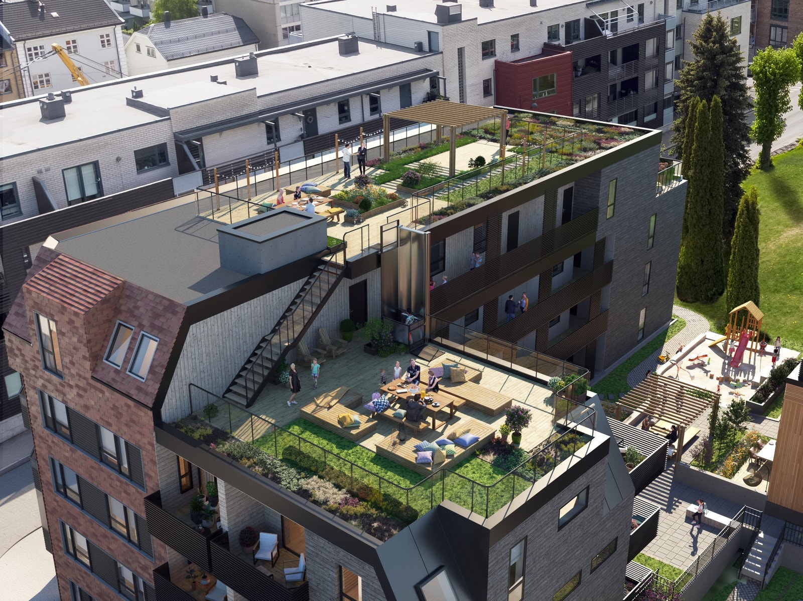 På toppen av leilighetsbygget finnes det to solrike takterrasser, en øvre og en nedre del, som kan brukes av alle beboerne i leilighetsbygget. Galleribilde