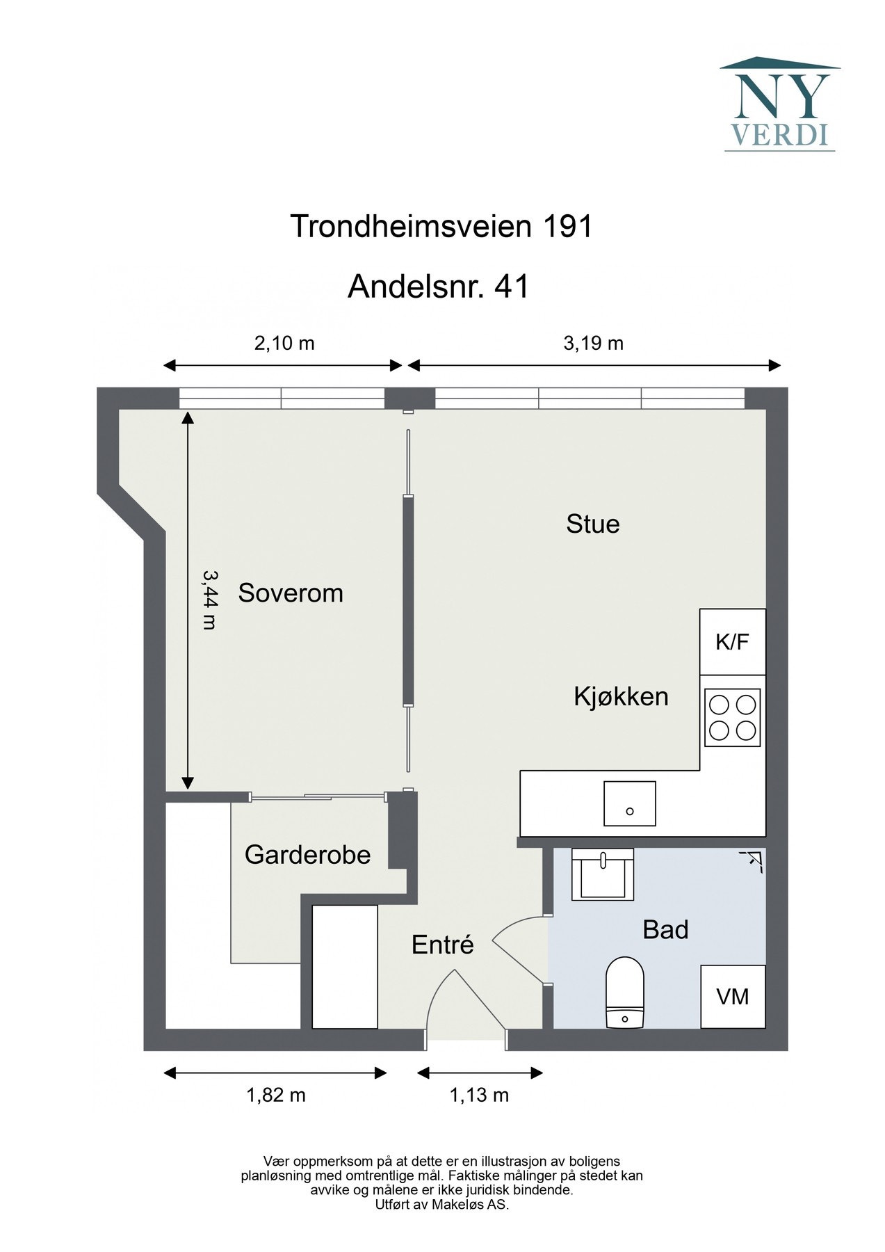 Plantegning. Leiligheten disponerer en bod i kjeller på ca. 2,5 kvm. Galleribilde