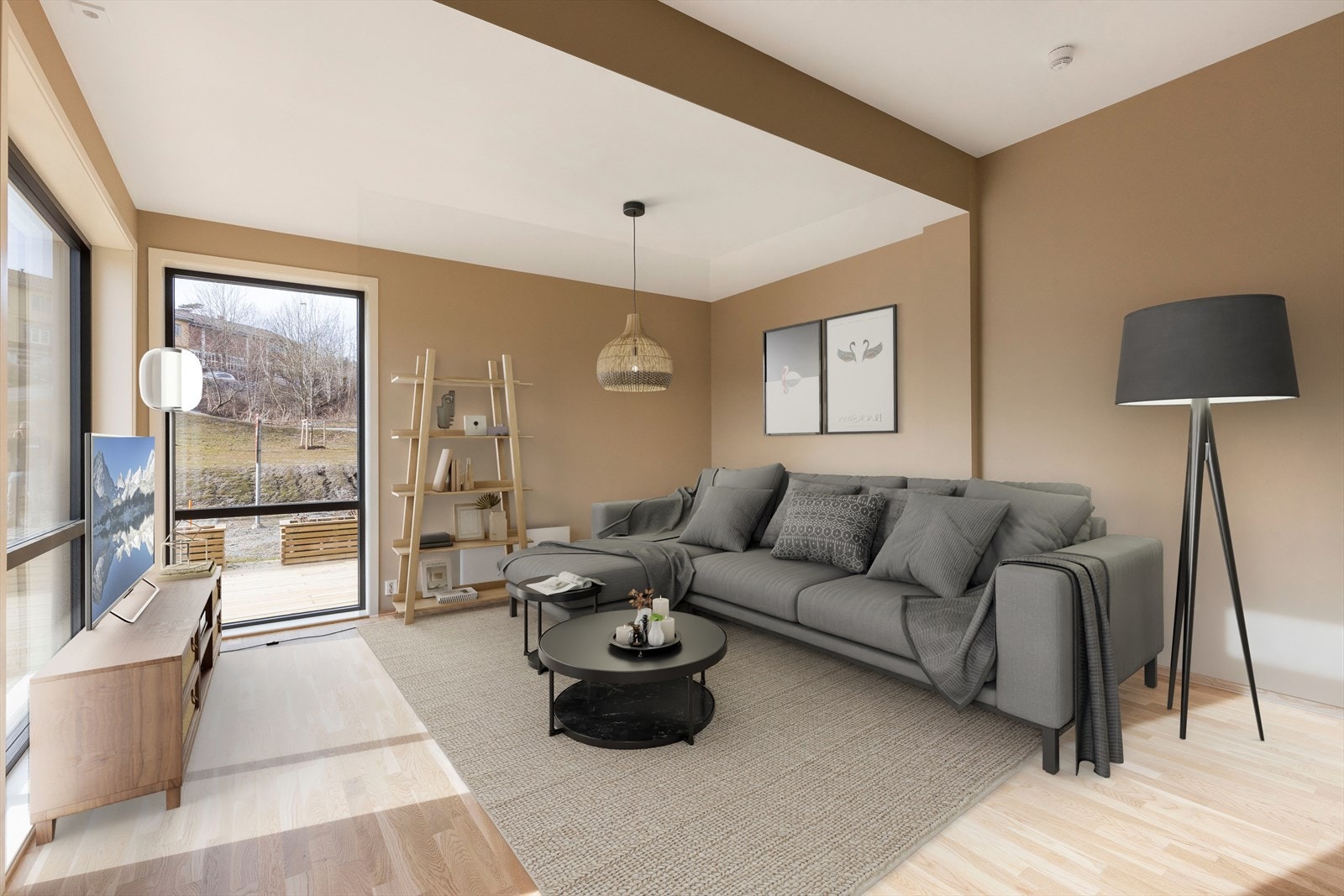 Leiligheten har 3-stavs eikeparkett i alle oppholdsrom og vegger i delikate jordfarger (digitalt stylet). Galleribilde