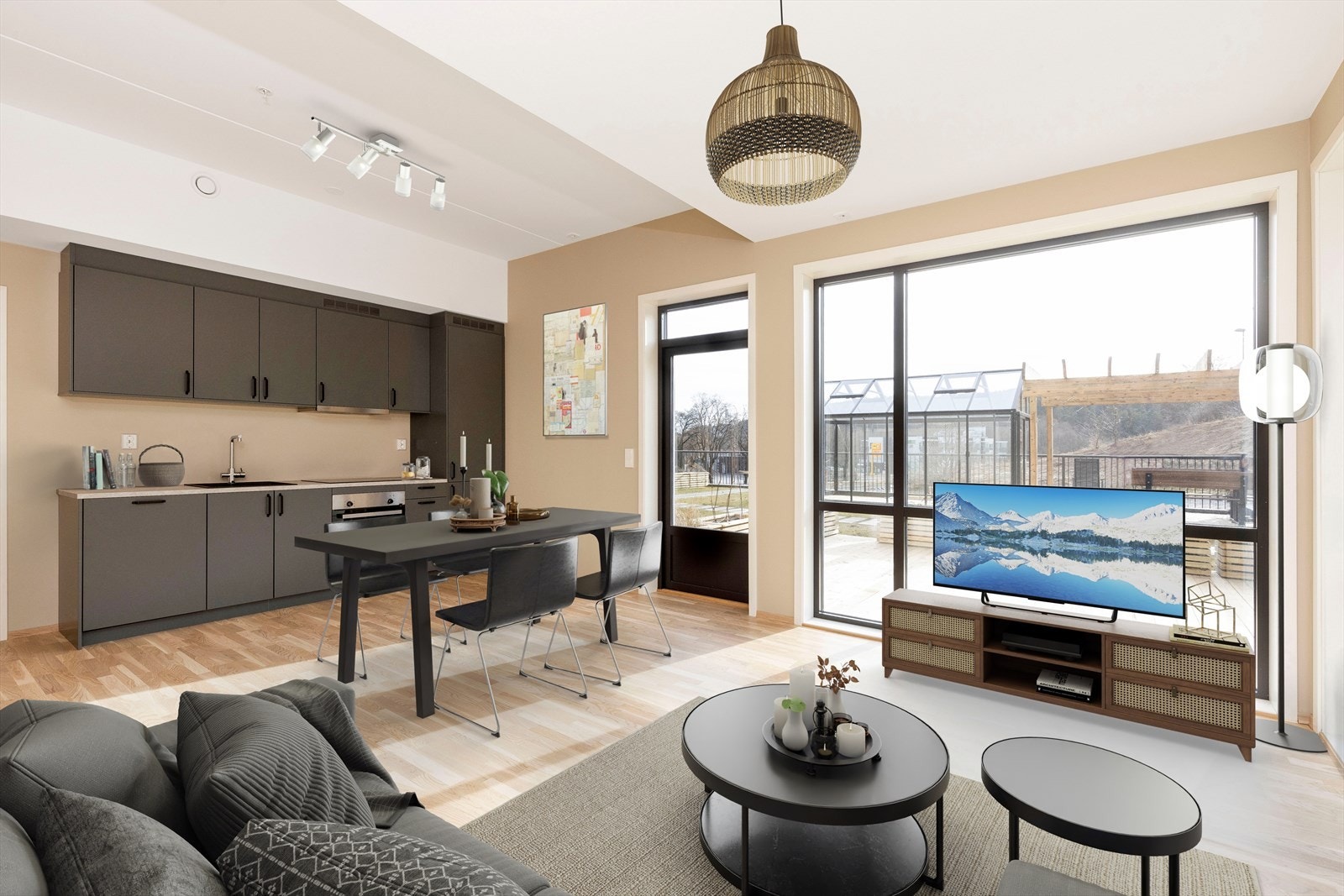 Stuen har åpen stue- og kjøkkenløsning utformet i en praktisk løsning (digitalt stylet). Galleribilde