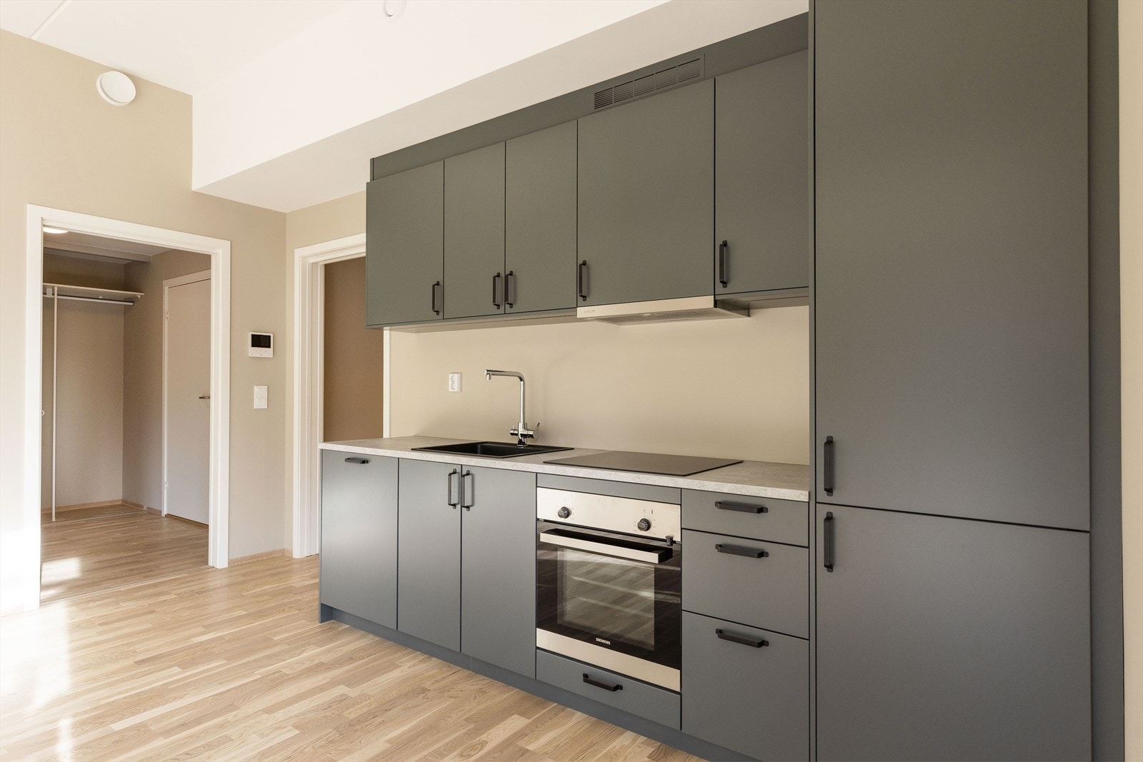 Hvitevarer som kombi kjøl/frys, induksjonstopp, komfyr og oppvaskmaskin får du med kjøkkenet. Galleribilde