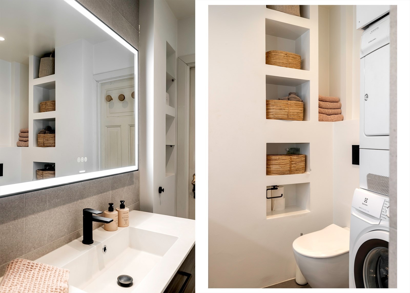 Detaljer baderom - Påkostet speil i samme bredde som innredningen. Nisjer for ekstra oppbevaring Galleribilde