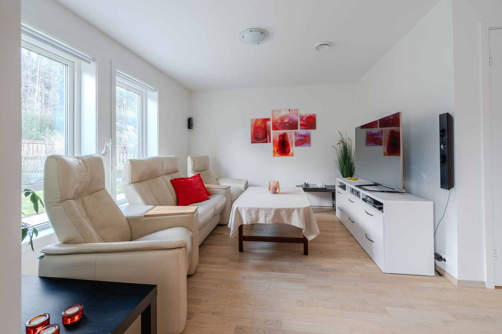 TV-plass med herlige skinn-reclinere fra danske Hjort-Knutsen som kan følge med. Galleribilde