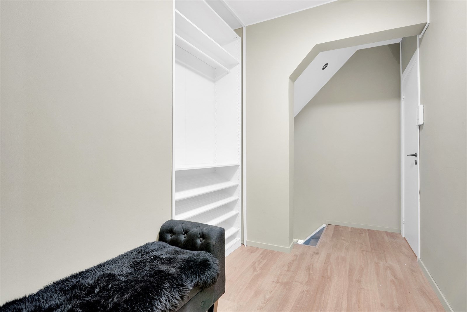 Romslig entré med laminat på gulv, malte slette vegger og malt tak. Det er montert et garderobeskap. Inngang til en romslig og praktisk bod. Galleribilde