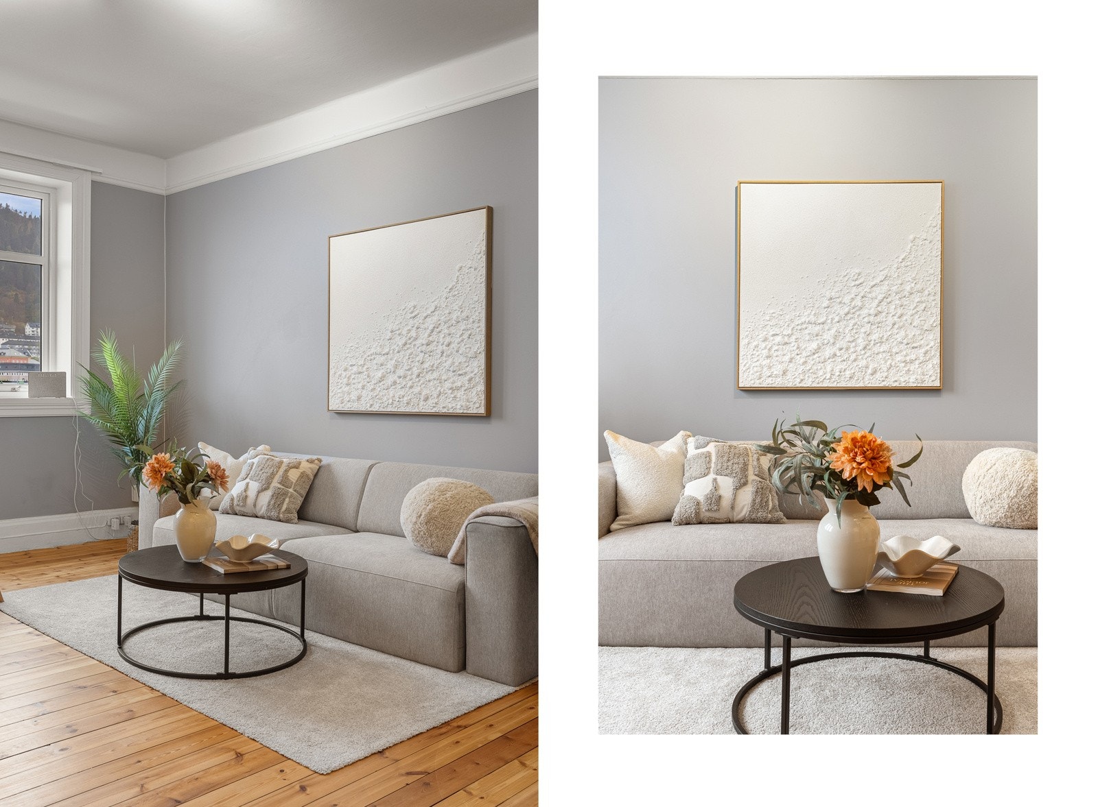 Stuen er på 19,5 kvm og slipper inn rikelig med lys inn i rommet. Her har man fin utsikt utover Kronstad og ingen innsyn! Galleribilde