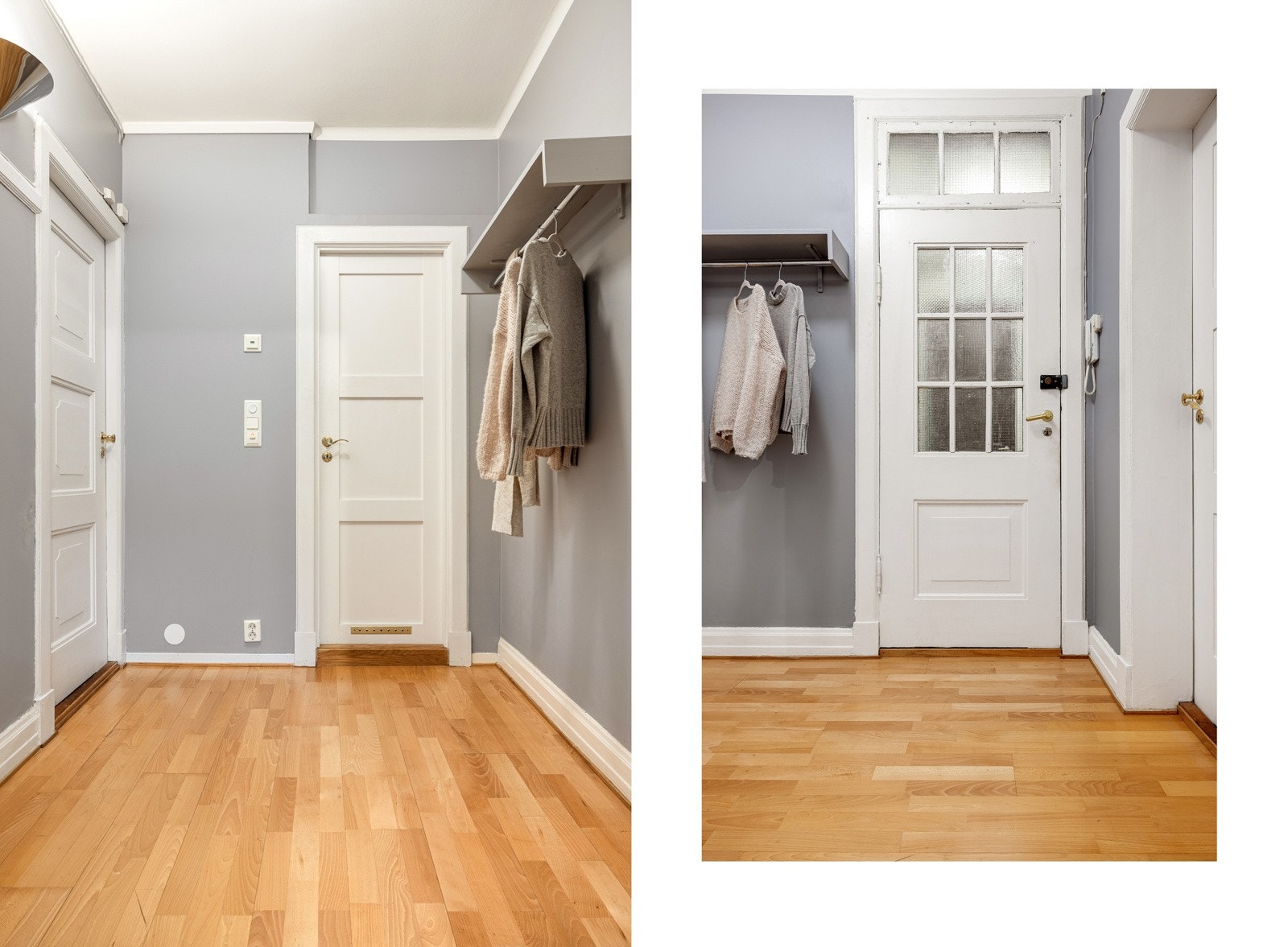 Leiligheten gir et godt førsteinntrykk med en koselig entrè. Her har man den plassen man trenger til å henge fra seg yttertøy og sko. Galleribilde