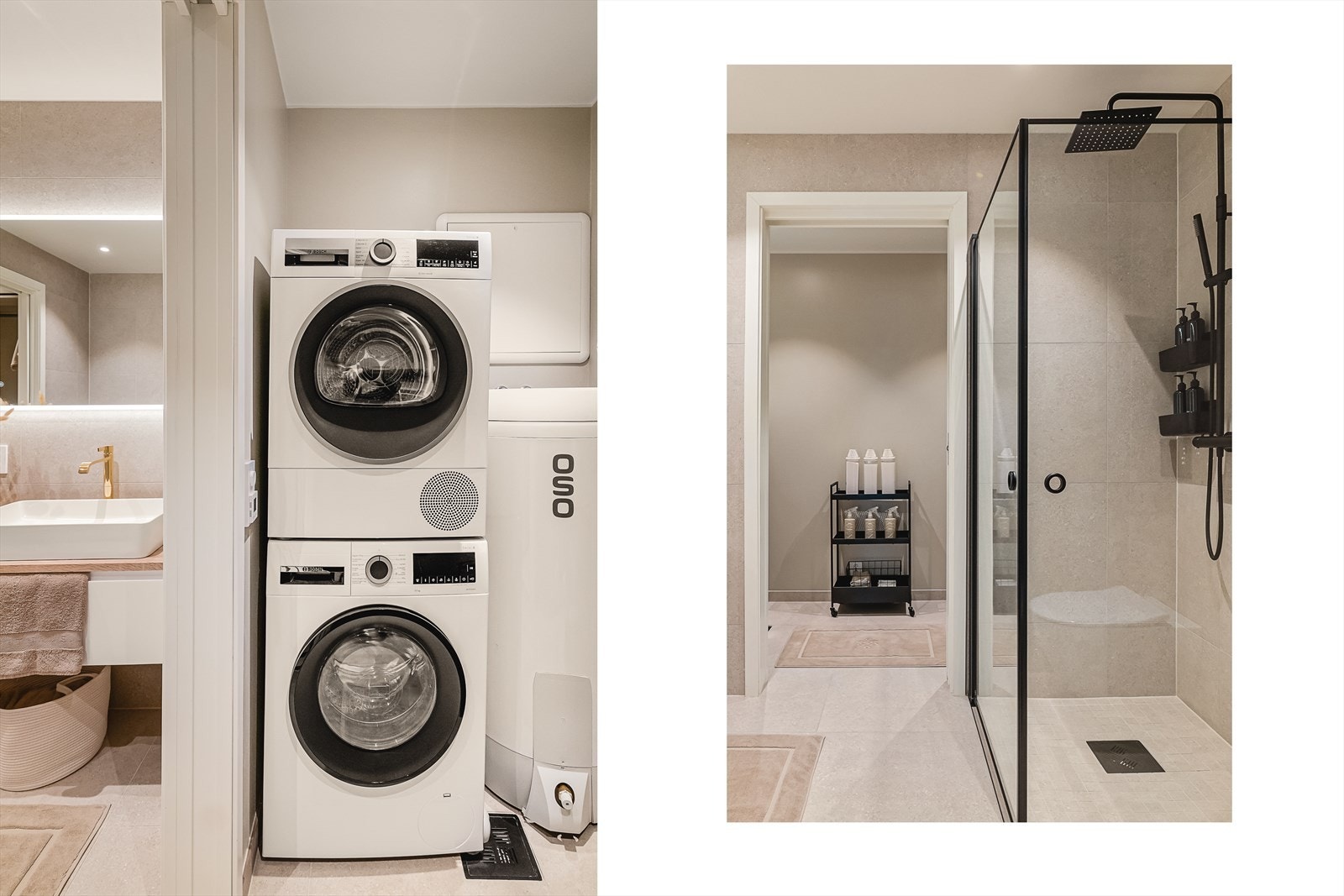 Fra badet er det adkomst til eget vaskerom | Et utmerket tilskudd for å ivareta badets harmoni | Det er også varmekabler i gulvet på vaskerommet Galleribilde