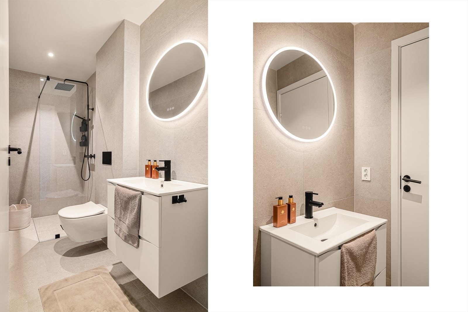 Påkostet bad med Roadstone linen 60x60 fliser | Merk deg de lekre sorte detaljene som er gjennomgående Galleribilde