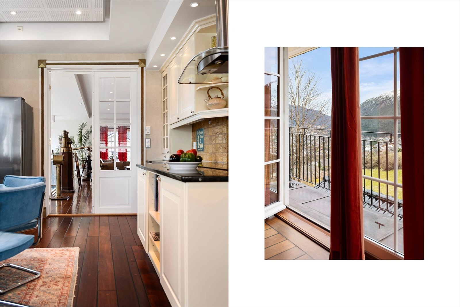 Fra kjøkkenet er det to-flyet dør til stuen og balkong ut til østvendt balkong. Galleribilde