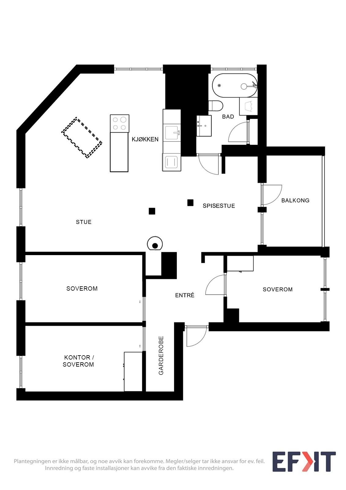 Alternativ plantegning. Leiligheten kan enkelt gjøres om til 4-roms Galleribilde
