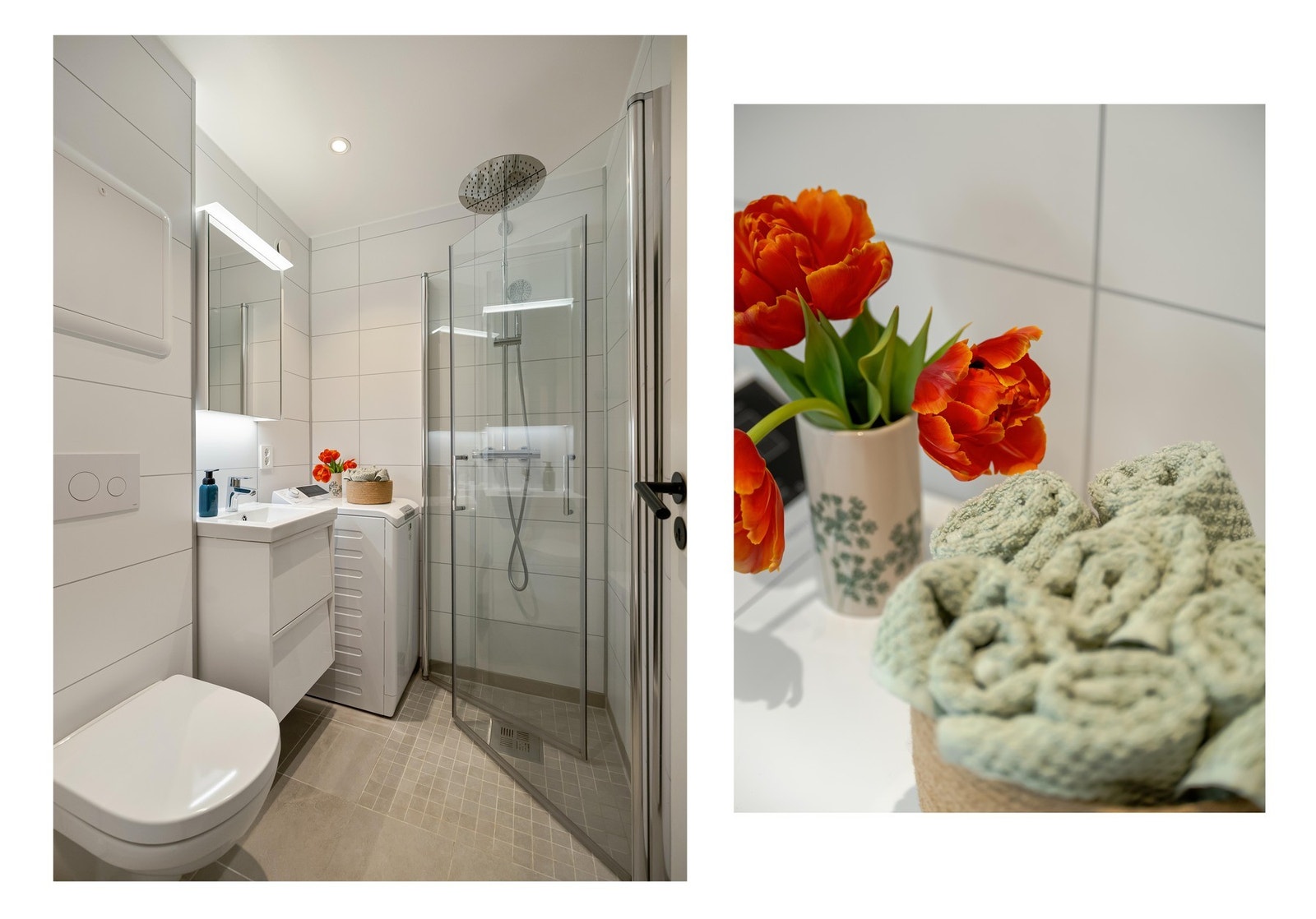 Det er lune varmekabler i gulvet og downlights i tak for god belysning. Plass og opplegg til vaskemaskin som medfølger. Galleribilde