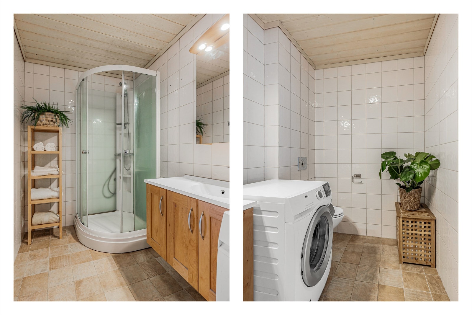 Badet er innredet med vegghengt klosett, servant på innredning og dusjkabinett. Det er både plass og opplegg for vaskemaskin. Galleribilde