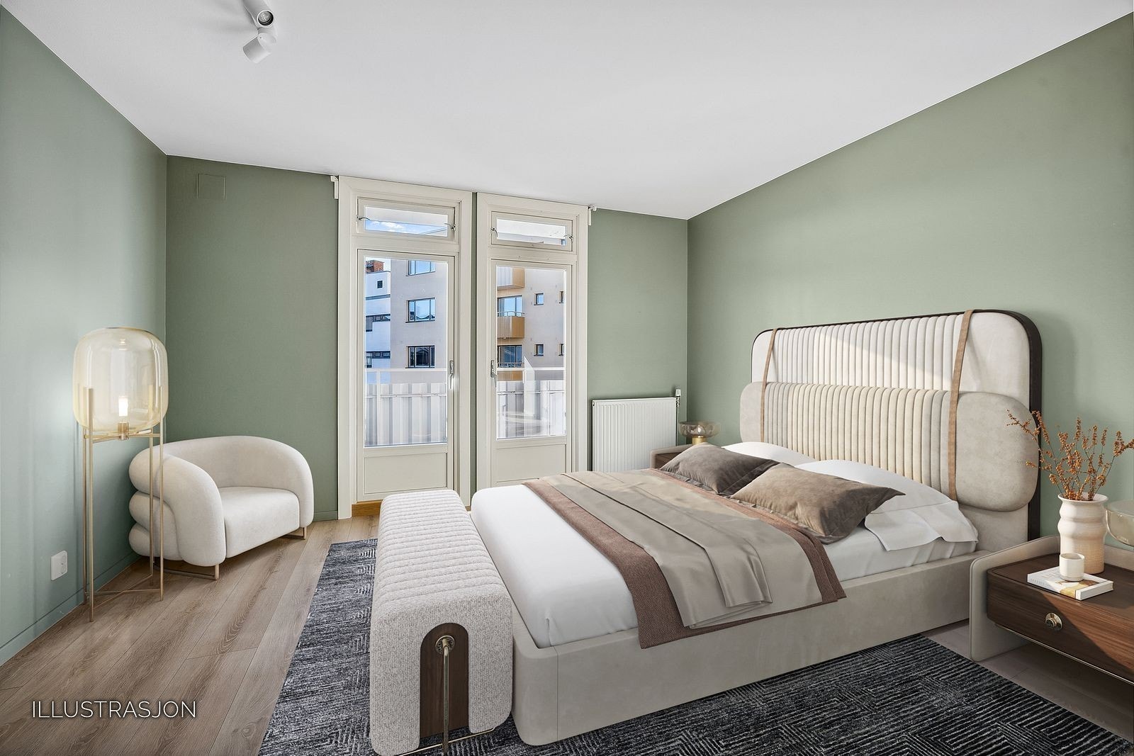 Illustrasjon av hvordan du kan ha det på hovedsoverommet. Her er det integrert garderobe, samt egen balkong. Galleribilde