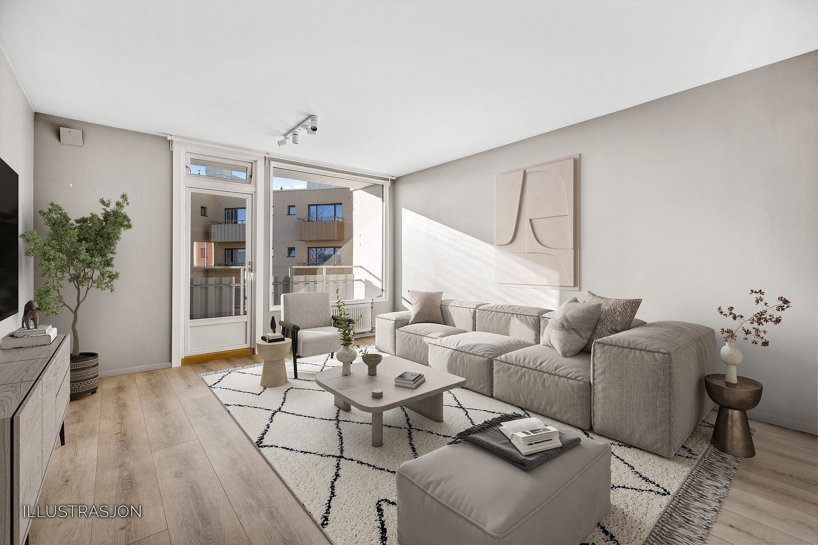 Illustrasjon av hvordan du kan ha det i stuen - her er det god plass til sofa og spisestue Galleribilde