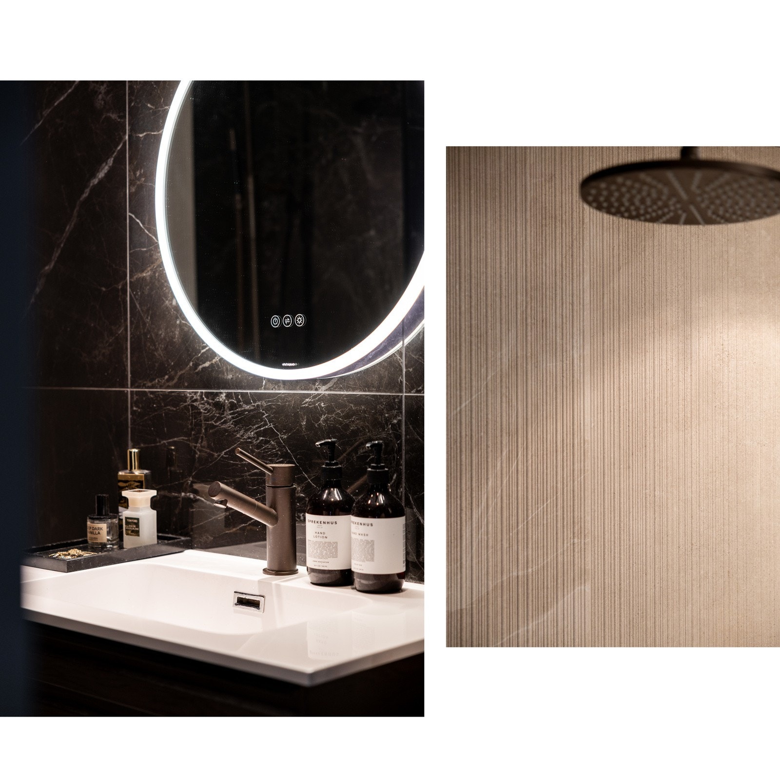 Flislagt gulv med varme og flislagte vegger, samt nedsenket himling med malt flate og downlights. Galleribilde