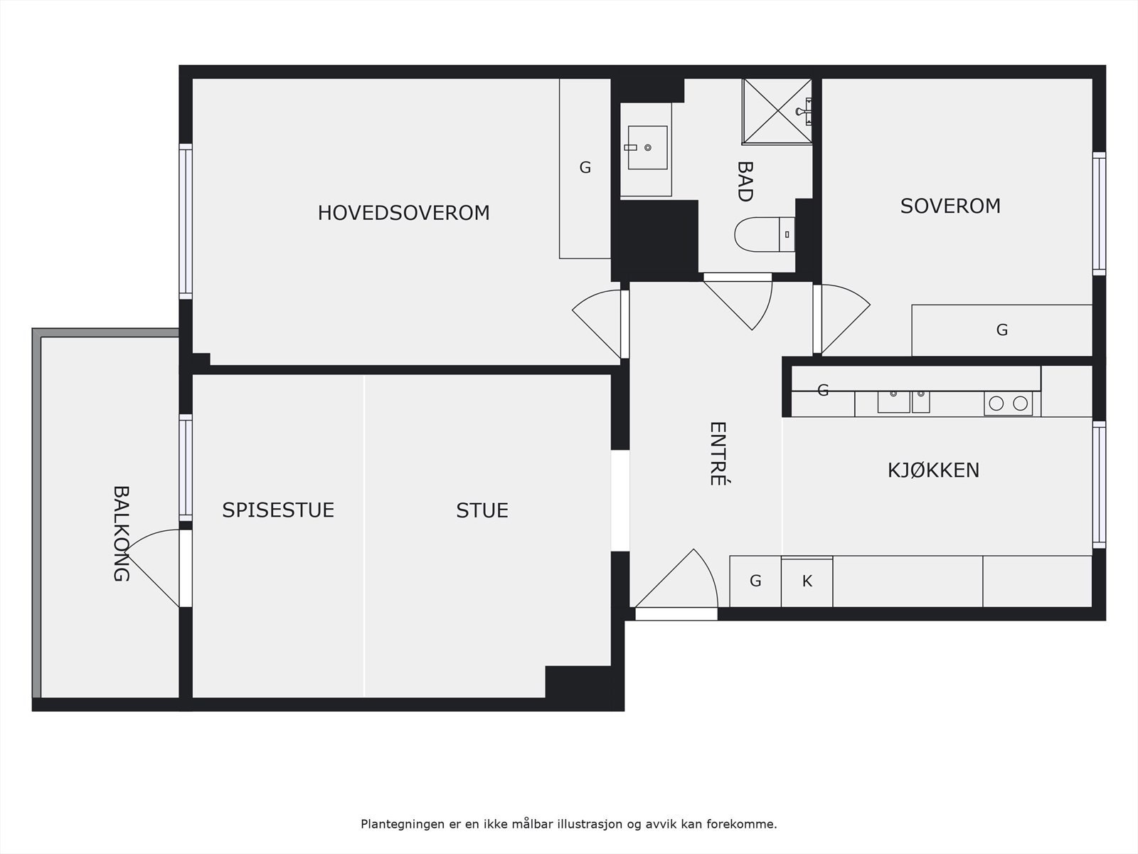 Plantegning 1. etasje. I tillegg disponerer leiligheten en kjellerbod på ca. 7m² og en loftsbod på ca. 3m². Galleribilde