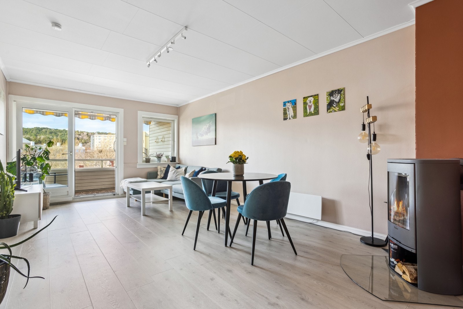 Stor stue med peis og utgang til solrik balkong. Galleribilde