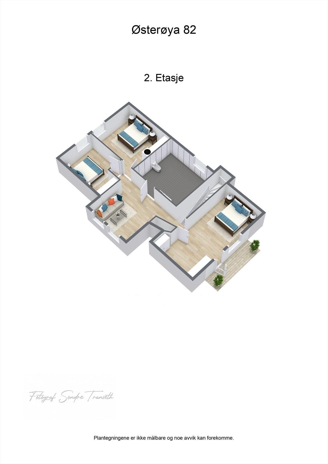 Planløsning 2.etg.: loftsstue, 3 soverom, samt bad. Galleribilde