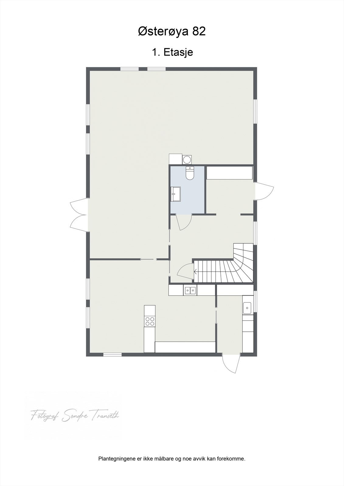 Planløsning 1. etg.: entre, hall, toalettrom, stue/spisestue med tilkomst til terrasse og hage, kjøkken, samt vaskerom. Galleribilde