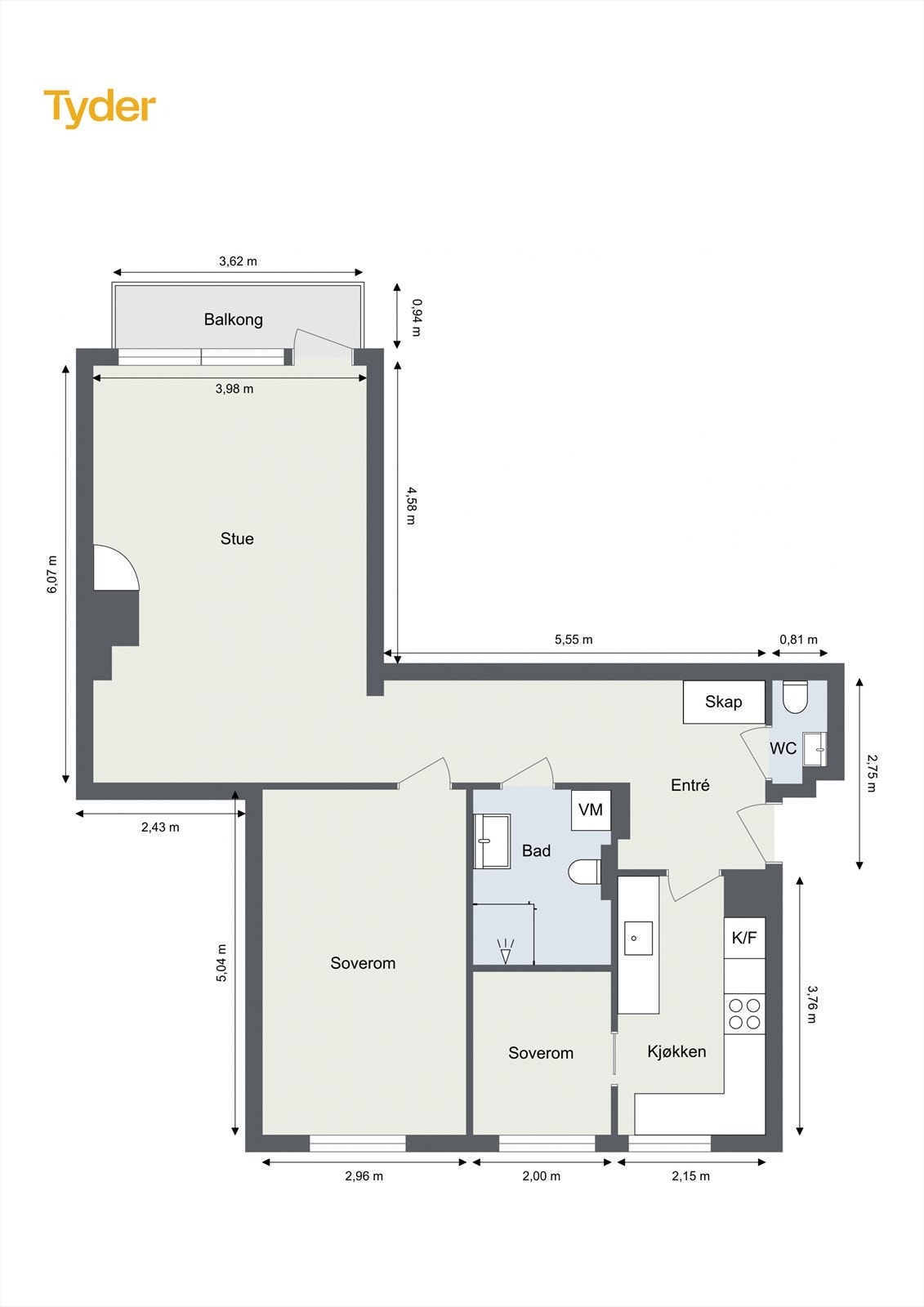 Leiligheten inneholder: Entré, stue, kjøkken, to soverom, bad og wc. Galleribilde