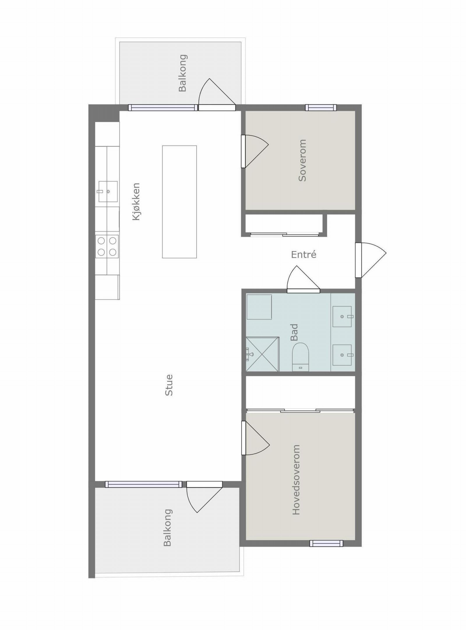 Plantegning viser en arealeffektiv planløsning | i stue, kjøkken og begge soverom er det over 3 meter takhøyde under taket Galleribilde