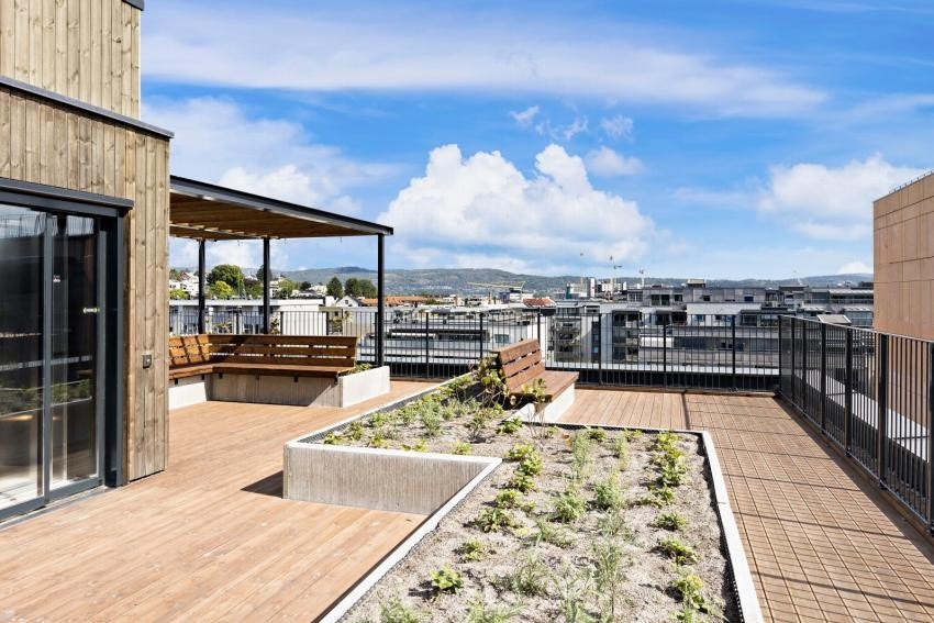 Det er 7 elegante felles takterrasser som er både møblert og beplantet Galleribilde