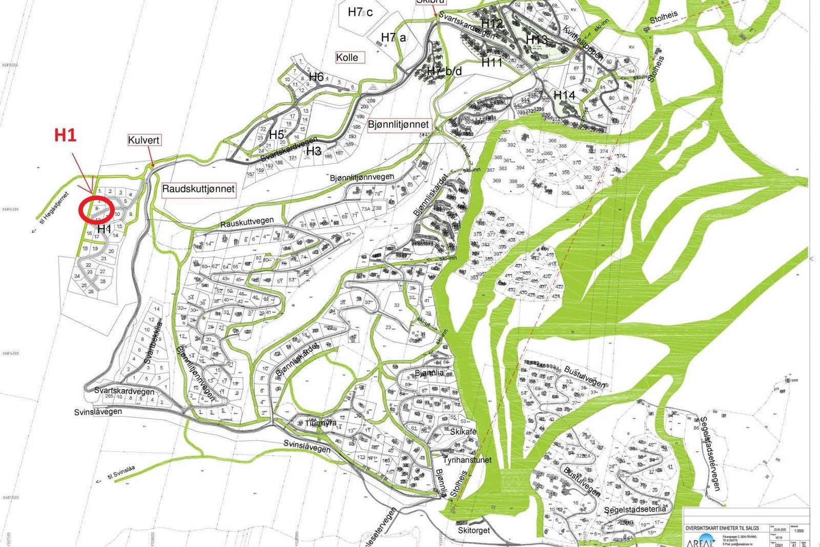 Oversiktskart med skiløyper. Tomt 8 markert Galleribilde