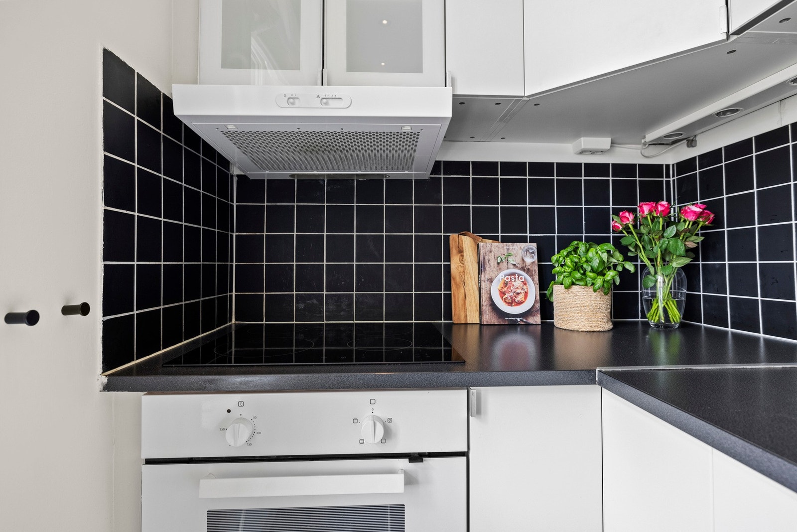 Innredningen består av integrert ovn, laminat benkeplate med nedfelt oppvaskkum og nedfelt koketopp, oppvaskmaskin, fabrikklakkerte fronter hvor enkelte har glass på overskap samt opplegg vaskemaskin. Galleribilde