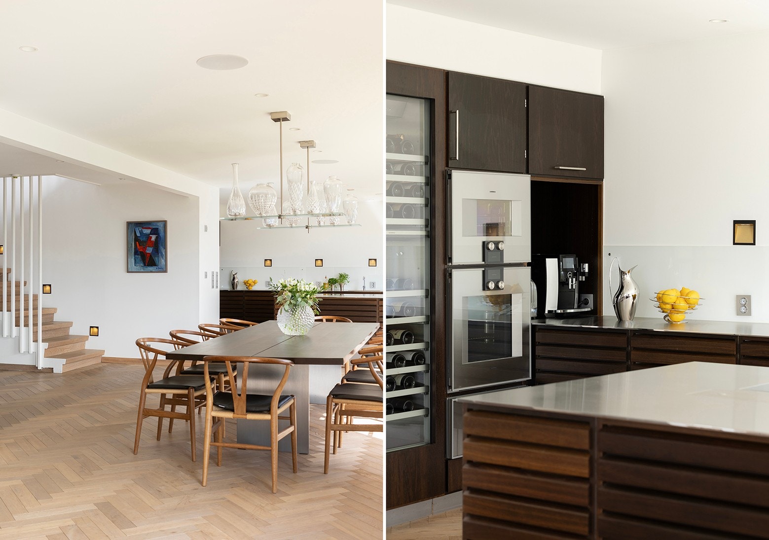 Høyverdige løsninger og eksklusive materialvalg: Unoform Classic kjøkkeninnredning, Gaggenau 400 serie hvitevarer og hel-limt Skovin eik fiskebeinsparkett med varmekabler som gir lun komfort. Galleribilde