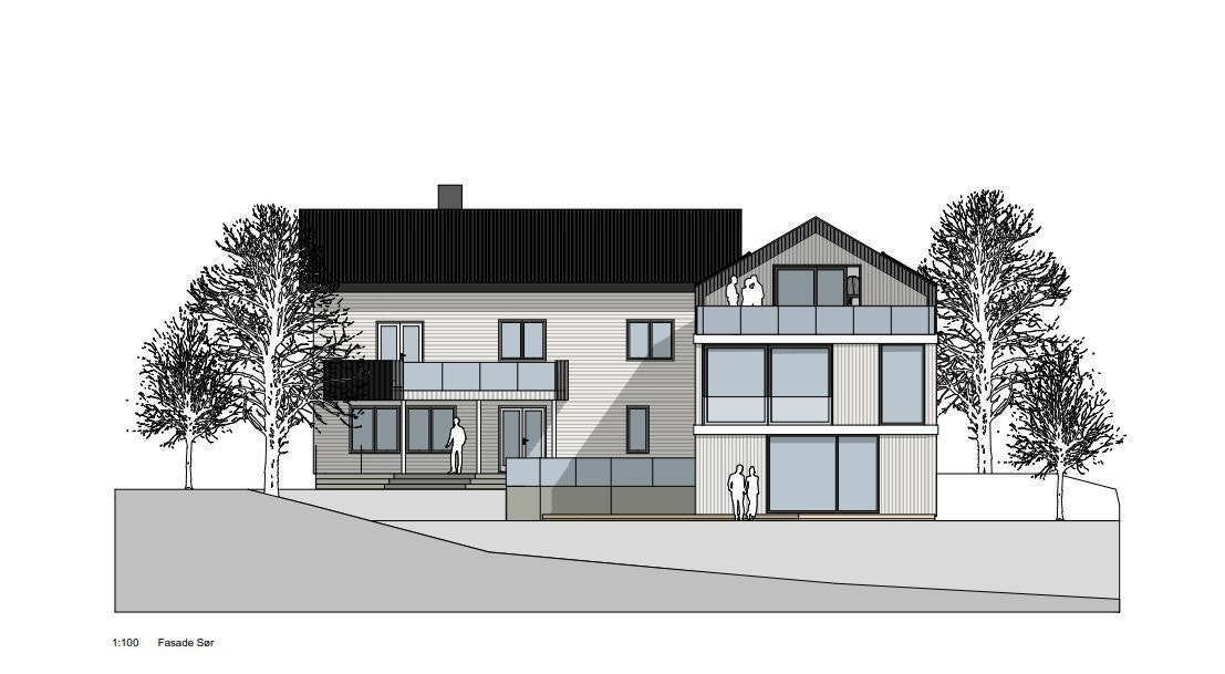 Fasade mot sør. NB! søknad/godkjennelse har passert tidsfrist for igangsettelse) Galleribilde
