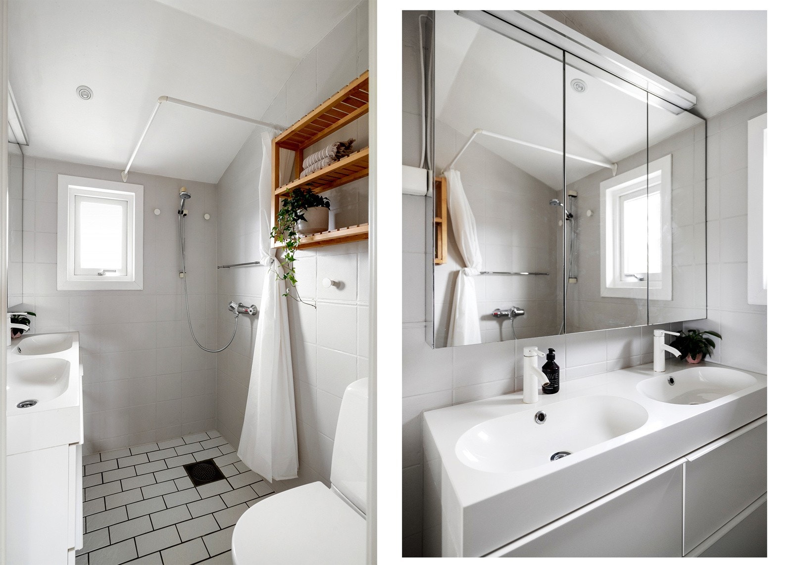 Badet i soveromsetasjen er innredet med dobbel servant, dusj og toalett. Galleribilde