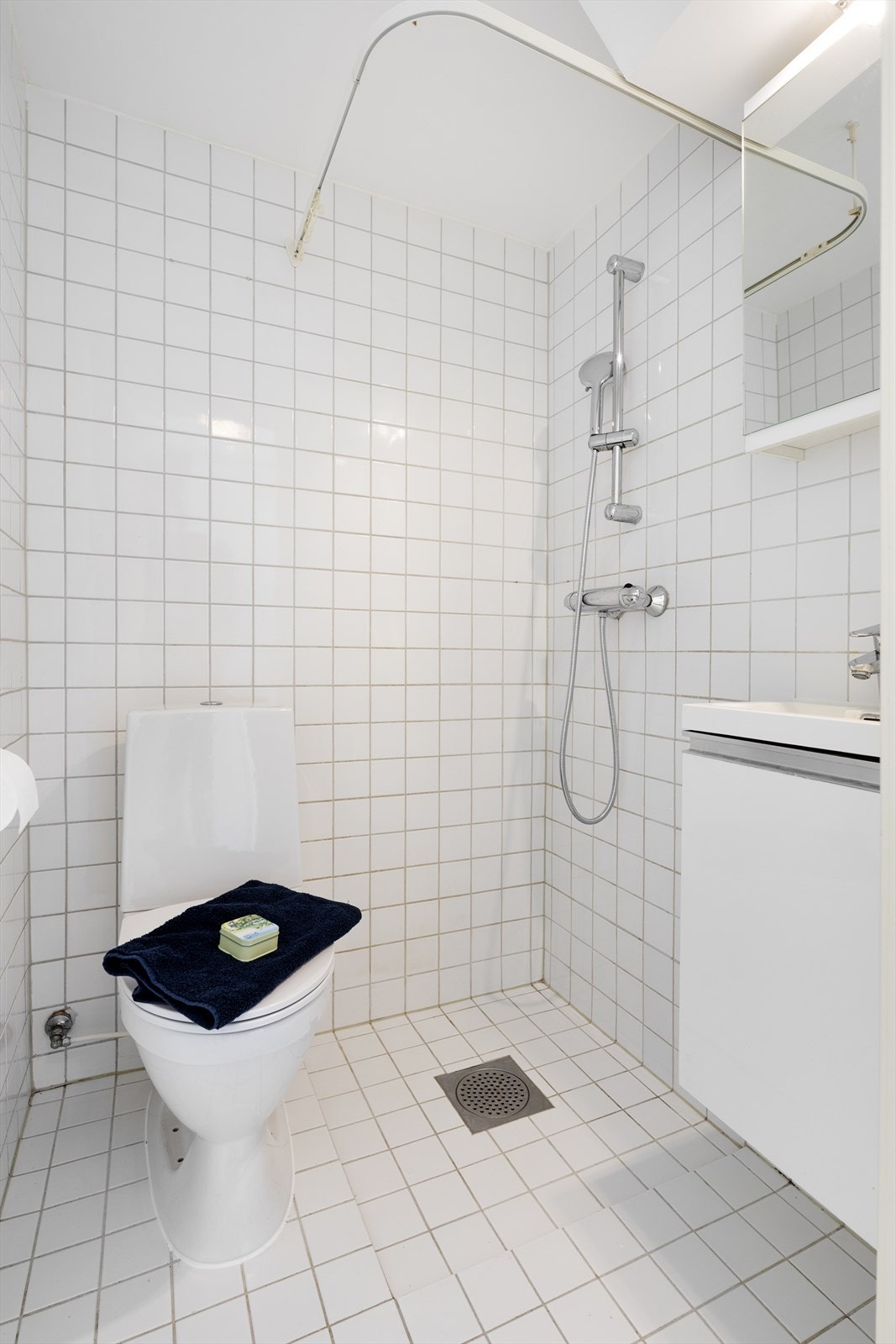 Pent, flislagt bad med servant og underskap, gulvmontert toalett og dusj med dusjløsning Galleribilde