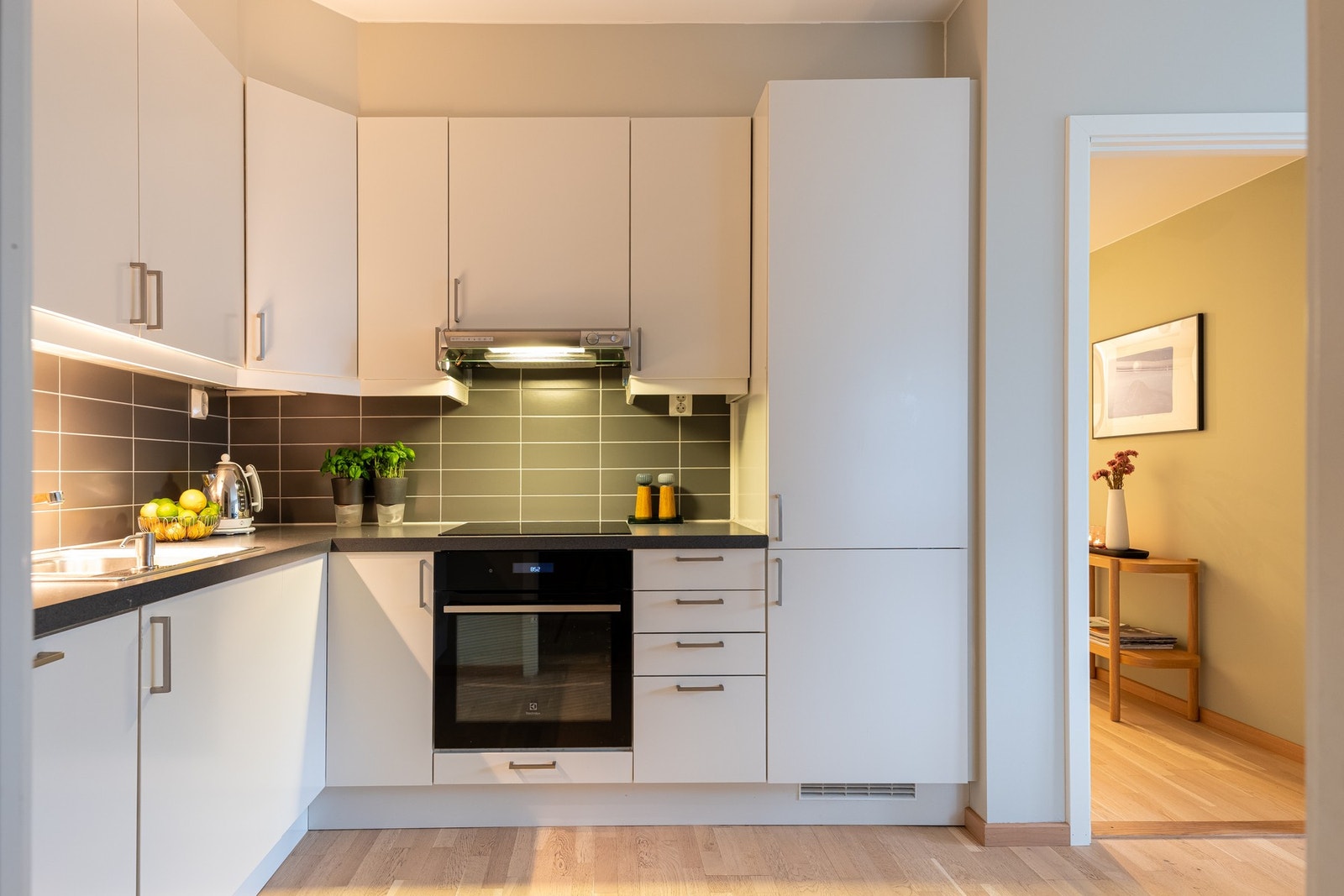 Videre har kjøkkenet hvitevarer som kjøl/frys, oppvaskmaskin, induksjonstopp og komfyr som medfølger. Galleribilde