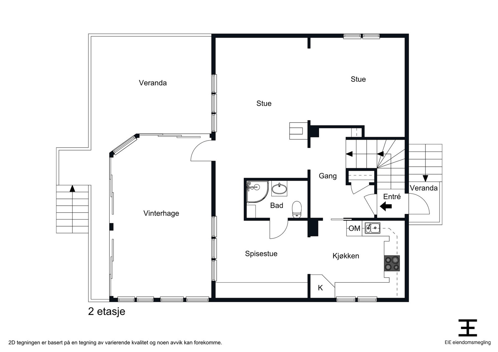 Planskisse hovedetasje. Høyre hjørne merket "stue" er nå soverom. Galleribilde