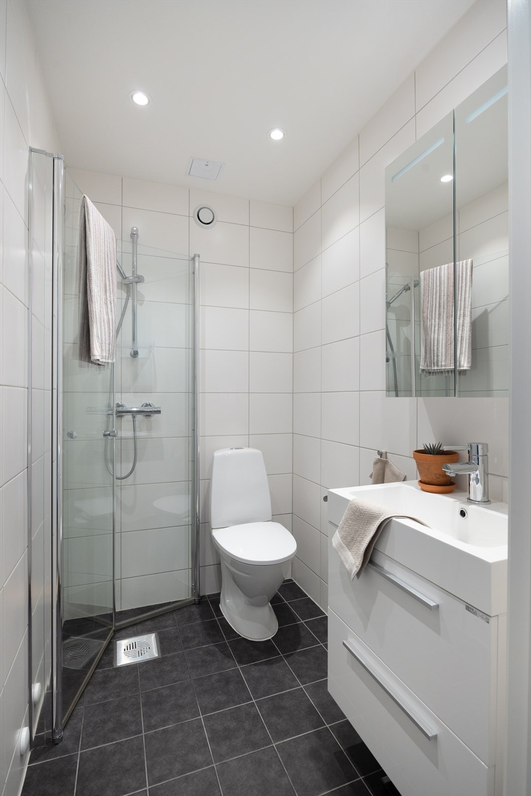 Utstyrt med servantinnredning, speil, gulvstående toalett og dusjhjørne med glassdører. Galleribilde