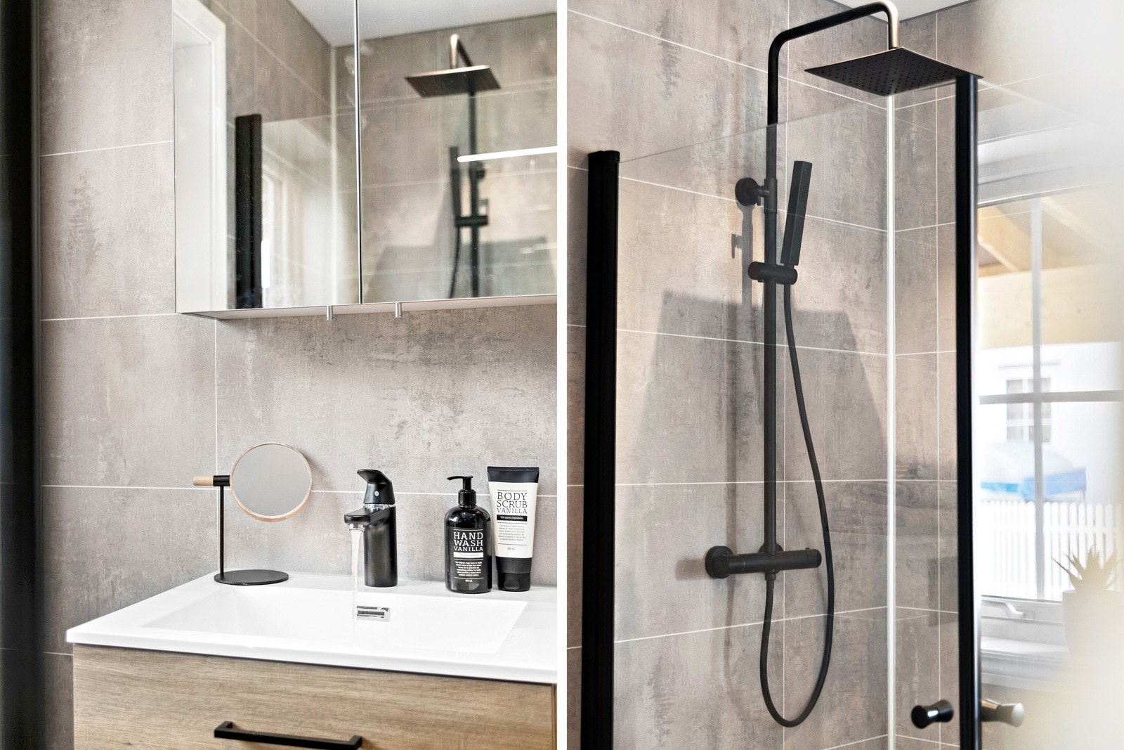 Badet har moderne innredning, dusjhjørne med innfellbare glassdører og vegghengt toalett. Galleribilde