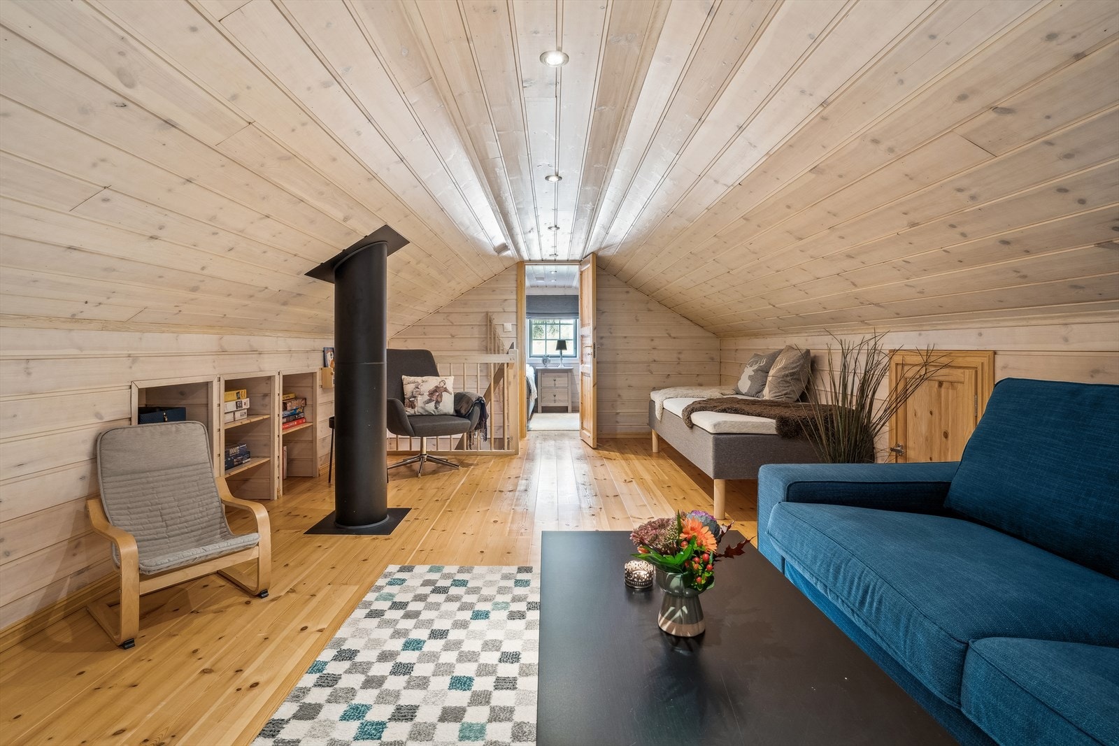 Loftstuen et ekstra rom for avkobling og koselige stunder. Ikke målbart areal grunnet takhøyde, se punkt. ferdigattest. Galleribilde