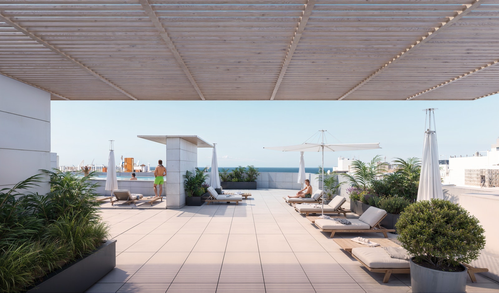 Felles rooftop med basseng. Dette er en illustrasjon, og avvik kan forekomme. Galleribilde