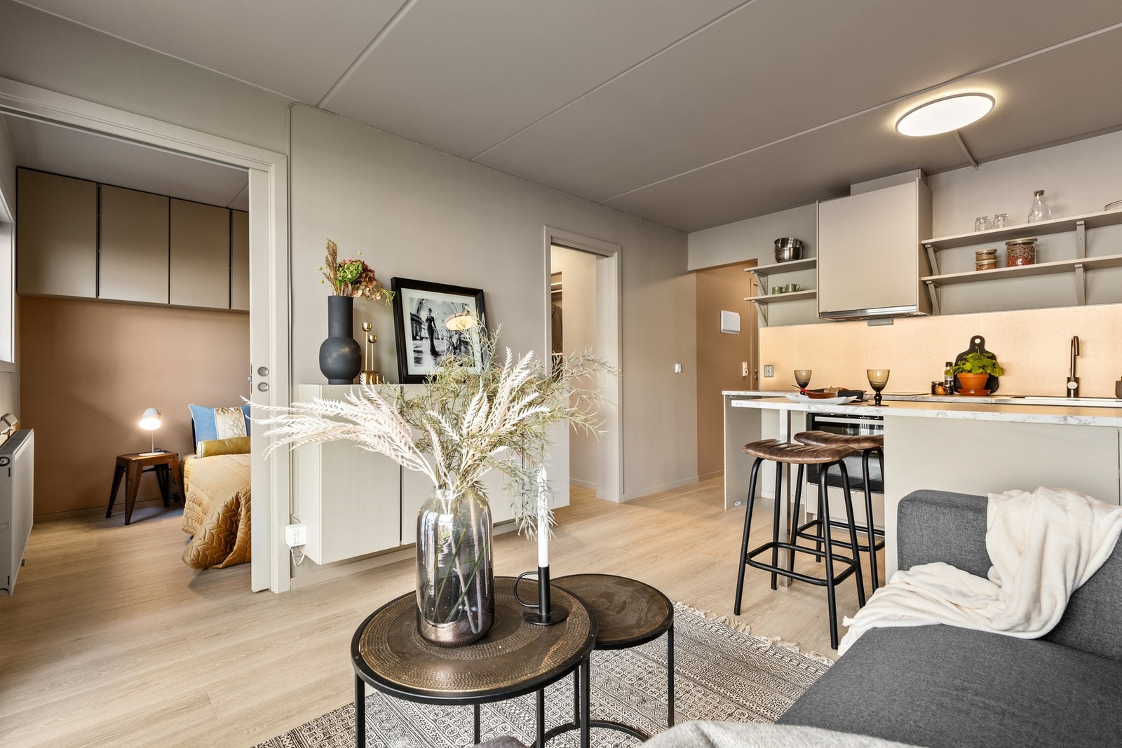 Pen og lys stue med laminat på gulv og slette flater på vegger og i himling Galleribilde